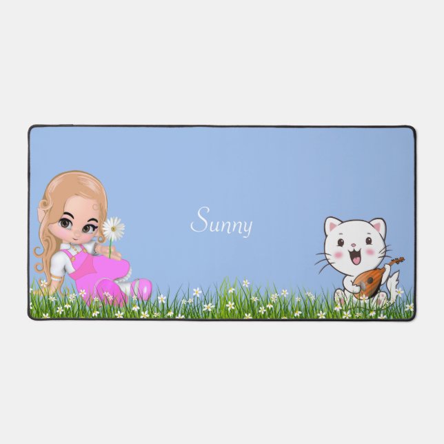 Cute Little Girl and Cat with Flowers  Desk Mat (Front)