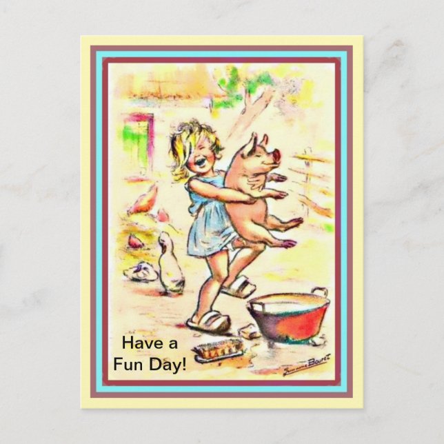 Cute Little Girl and Her Pig - Fun Washing a Pig Postcard (Front)