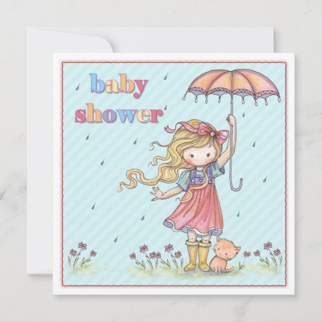 Cute Little Girl and Kitten Baby Shower Invites (Front)