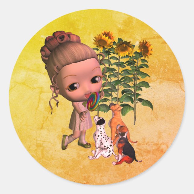 Cute Little Girl And Puppies  Classic Round Sticker (Front)