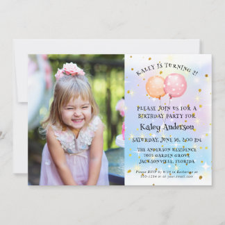 Cute Little Girl Ballon Birthday Party Photo Invitation