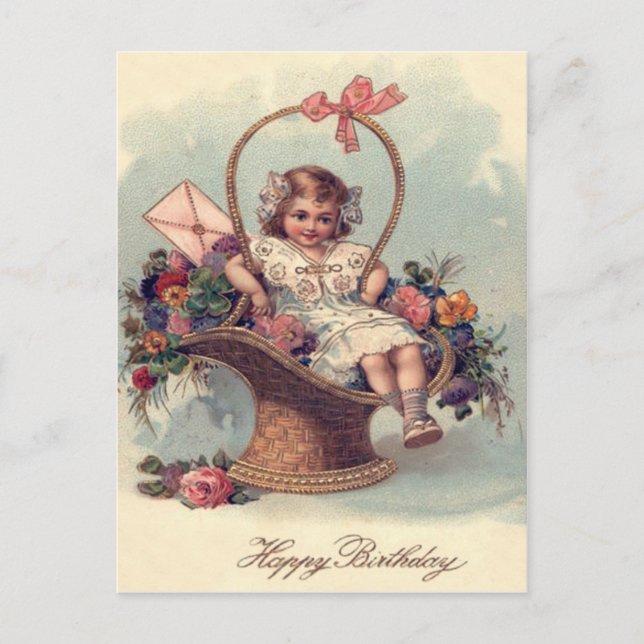 Cute Little Girl Basket Flowers Letter Postcard (Front)