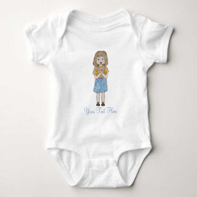 Cute little girl brown hair blue skirt art design baby bodysuit (Front)