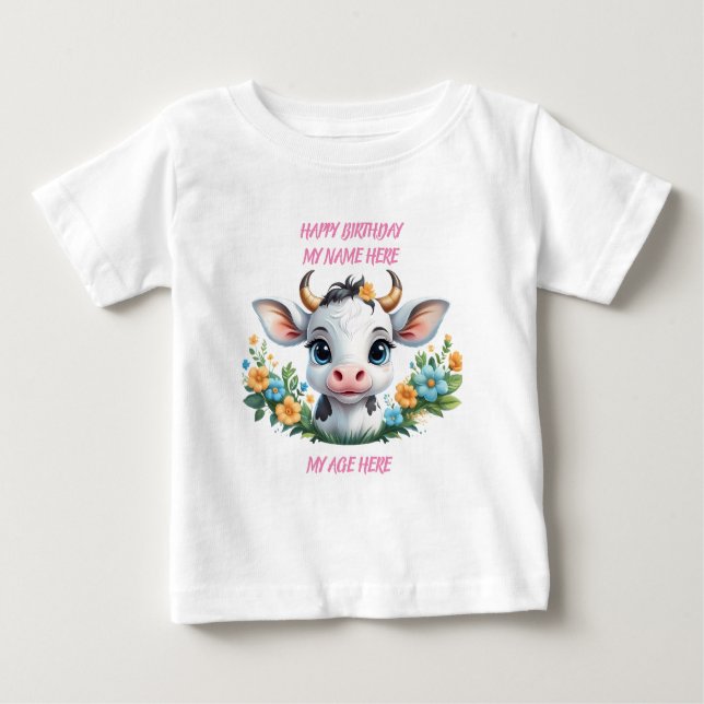 Cute little girl cow in flowers  baby T-Shirt (Front)