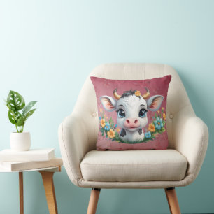 Cute little girl cow in flowers cushion
