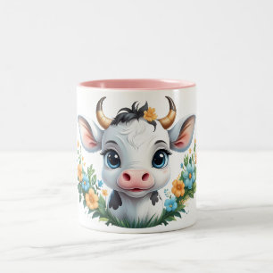 Cute little girl cow in flowers  Two-Tone coffee mug