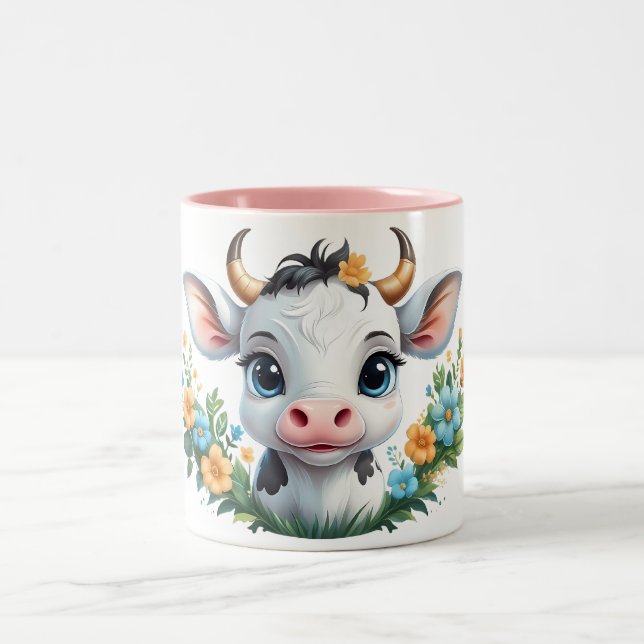 Cute little girl cow in flowers  Two-Tone coffee mug (Center)