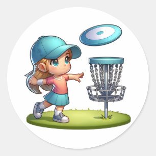 Cute Little Girl Disc Golf Cartoon Classic Round Sticker