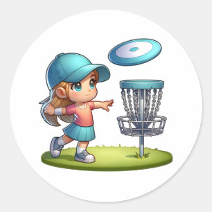 Cute Little Girl Disc Golf Cartoon  Classic Round Sticker