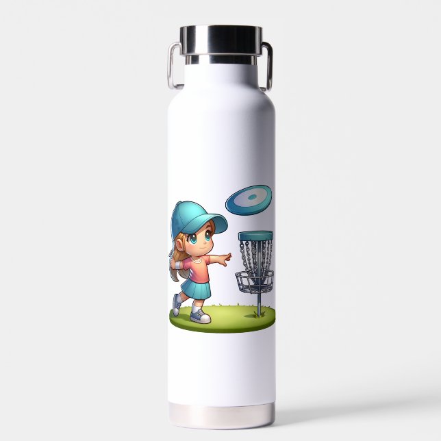 Cute Little Girl Disc Golf Cartoon Personalised Water Bottle (Front)