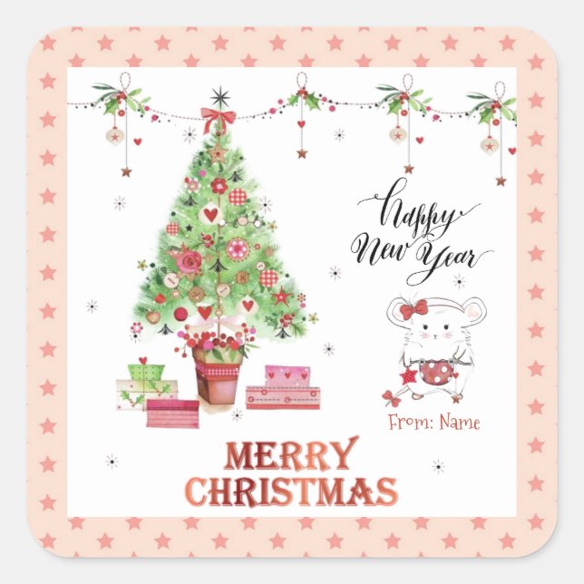 Cute Little Girl Hamster Merry Christmas Square Sticker (Front)