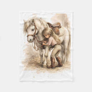 Cute Little Girl Hugging White Horse Fleece Baby B Blanket