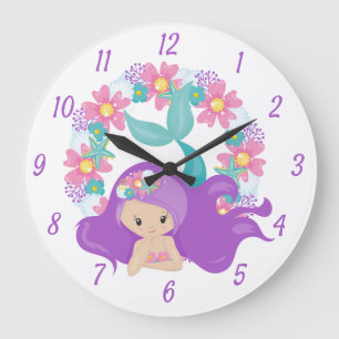 Cute Little Girl Mermaid Purple Pink Flowers Large Clock