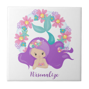 Cute Little Girl Mermaid Purple Pink Personalised Ceramic Tile