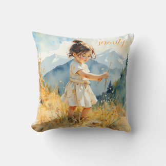Cute little girl picking up wild flowers cushion