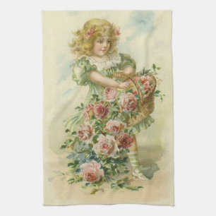 Cute Little Girl Pink Roses Tea Towel