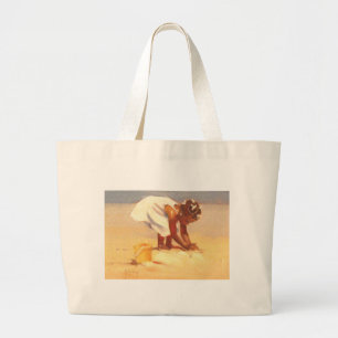 Cute little girl playing in sand large tote bag