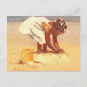Cute little girl playing in sand postcard