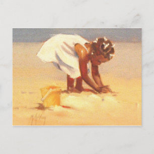 Cute little girl playing in sand postcard