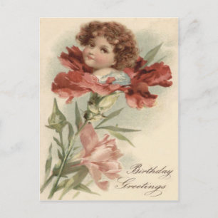 Cute Little Girl Red Petunia Flower Postcard