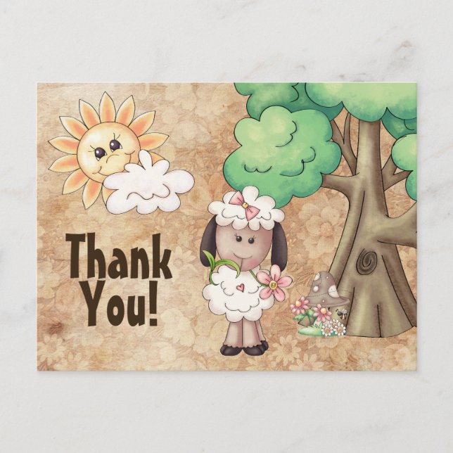 Cute Little Girl Sheep and Flowers Thank You Postcard (Front)