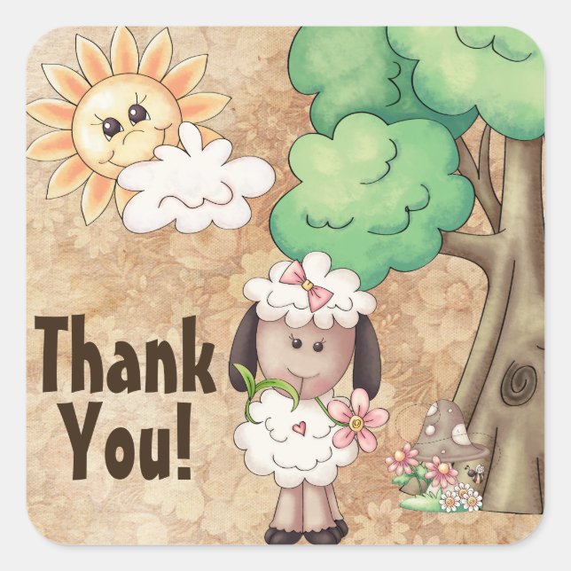 Cute Little Girl Sheep and Flowers Thank You Square Sticker (Front)