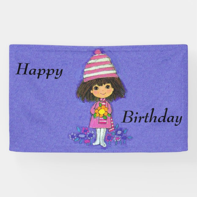 Cute Little Girl white Boots Flowers on Purple Banner (Horizontal)