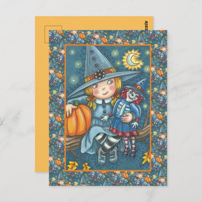 CUTE LITTLE GIRL WITCH, RAG DOLL, HAPPY HALLOWEEN POSTCARD (Front/Back)