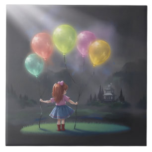 Cute Little Girl with Balloons Ceramic Tile
