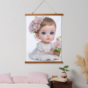 Cute Little Girl With Blue Eyes and Flowers in Hai Hanging Tapestry