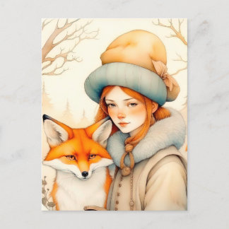 Cute Little Girl With Fox Chritmas Postcard