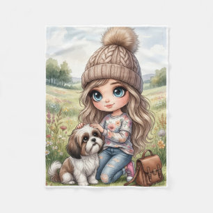 Cute Little Girl With Friendly Dog In Nature Fleec Fleece Blanket
