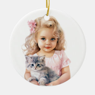 CUTE LITTLE GIRL WITH HER KITTEN CERAMIC ORNAMENT