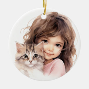 CUTE LITTLE GIRL WITH HER KITTEN CERAMIC ORNAMENT