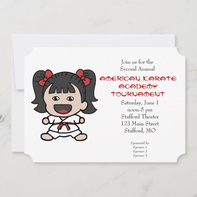 Cute Little Girls Karate Tournament Invitation (Front)
