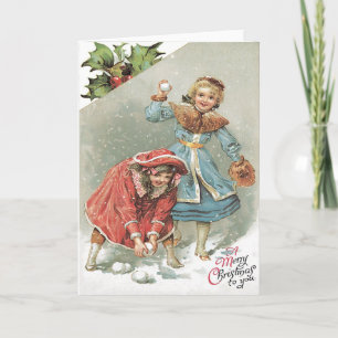 Cute Little Girls Snowball Fight Holiday Card