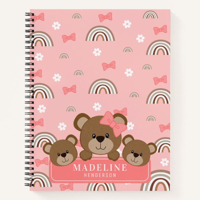 Cute Little Girly Bear Boho Rainbow Pink Notebook (Front)
