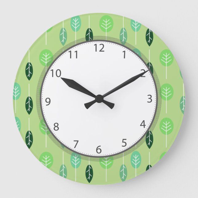 Cute Little Green Trees Grey Numbers Large Clock (Front)