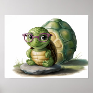 Cute Little Green Turtle Wearing Glasses Poster