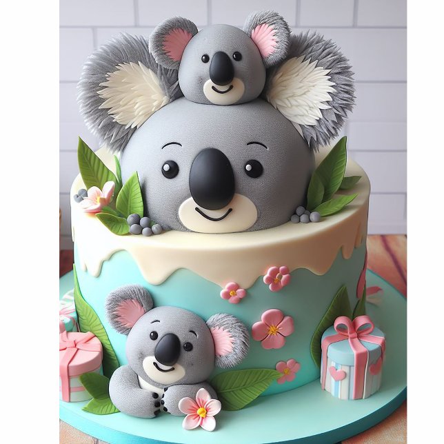 CUTE LITTLE GREY KOALA LAYER CAKE (Koala Themed Cake Baby Shower Invitation)