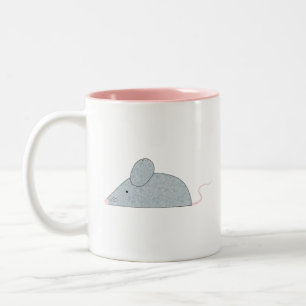 Cute Little Grey Mouse with a pink tail and nose Two-Tone Coffee Mug