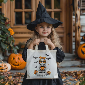 Cute Little Halloween Girl with an Orange Bow Tote Bag