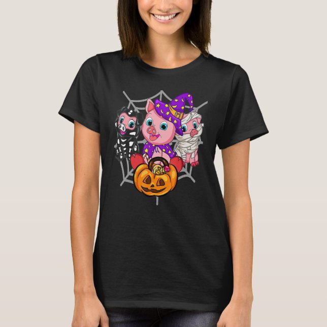 Cute Little Halloween Pigs Trick Or Treat Pig T-Shirt (Front)