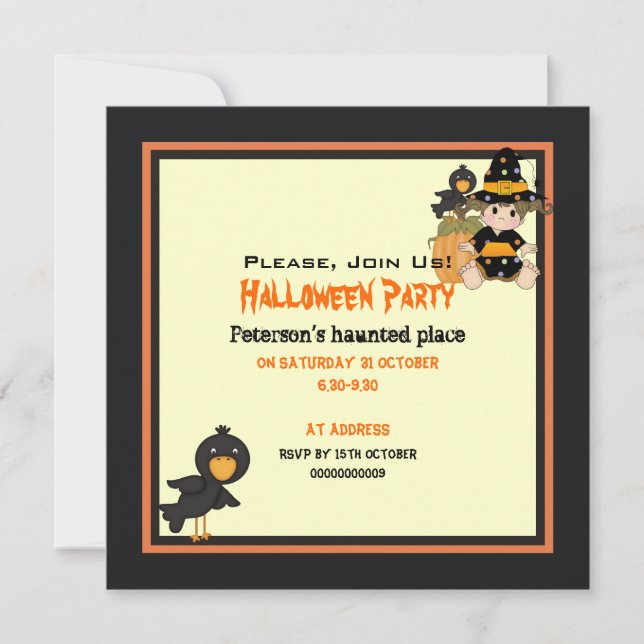 Cute little Halloween witch orange black dress Invitation (Front)