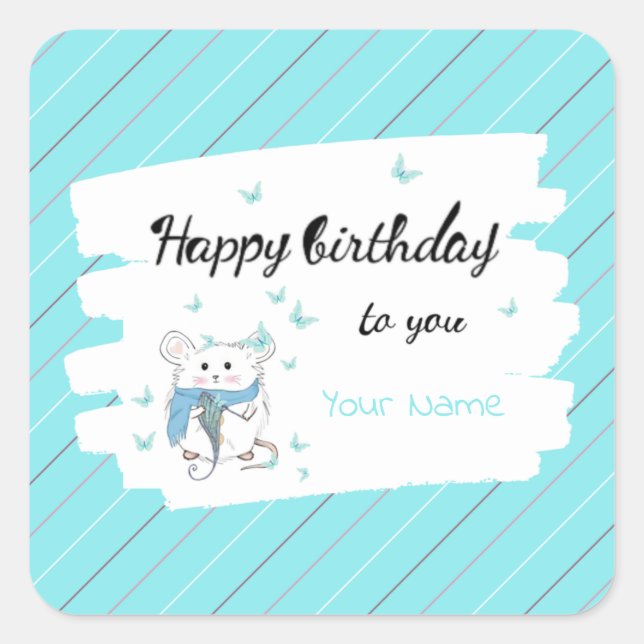 Cute Little Hamster Blue Happy Birthday Square Sticker (Front)