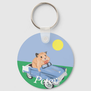 Cute little Hamster Driving a blue car Key Ring