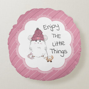 Cute Little Hamster "Enjoy The Little Things" Pink Round Cushion