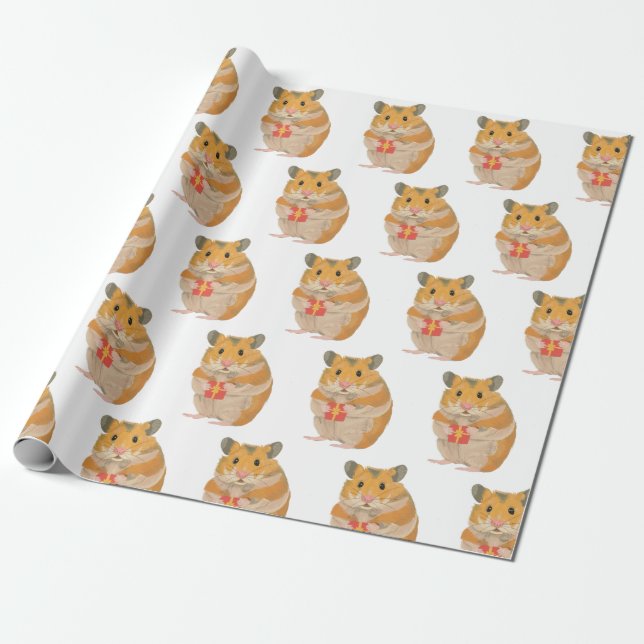Cute little Hamster holding a Christmas Present 3 Wrapping Paper (Unrolled)