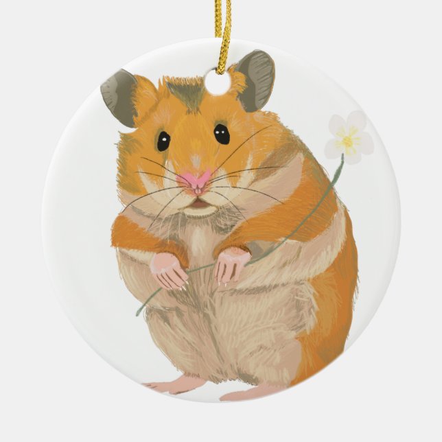 Cute little Hamster holding a flower Ceramic Ornament (Front)