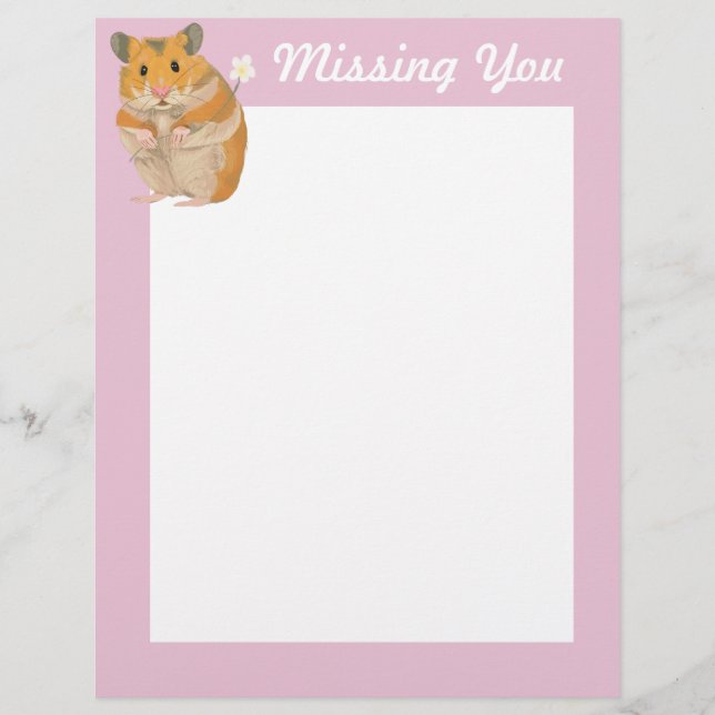 Cute little Hamster holding a flower “Missing You” Custom Letterhead (Front)